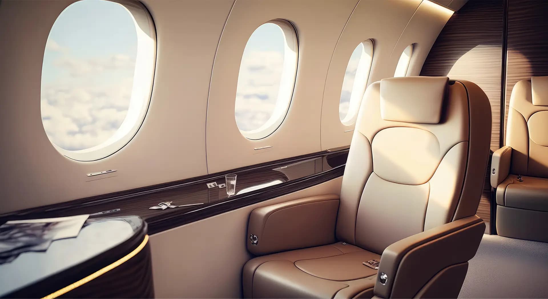 A warmly lit premium business class airplane cabin with lie-flat seating