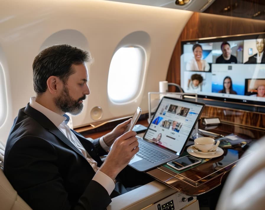 A passenger's premium business class seat and workspace in flight